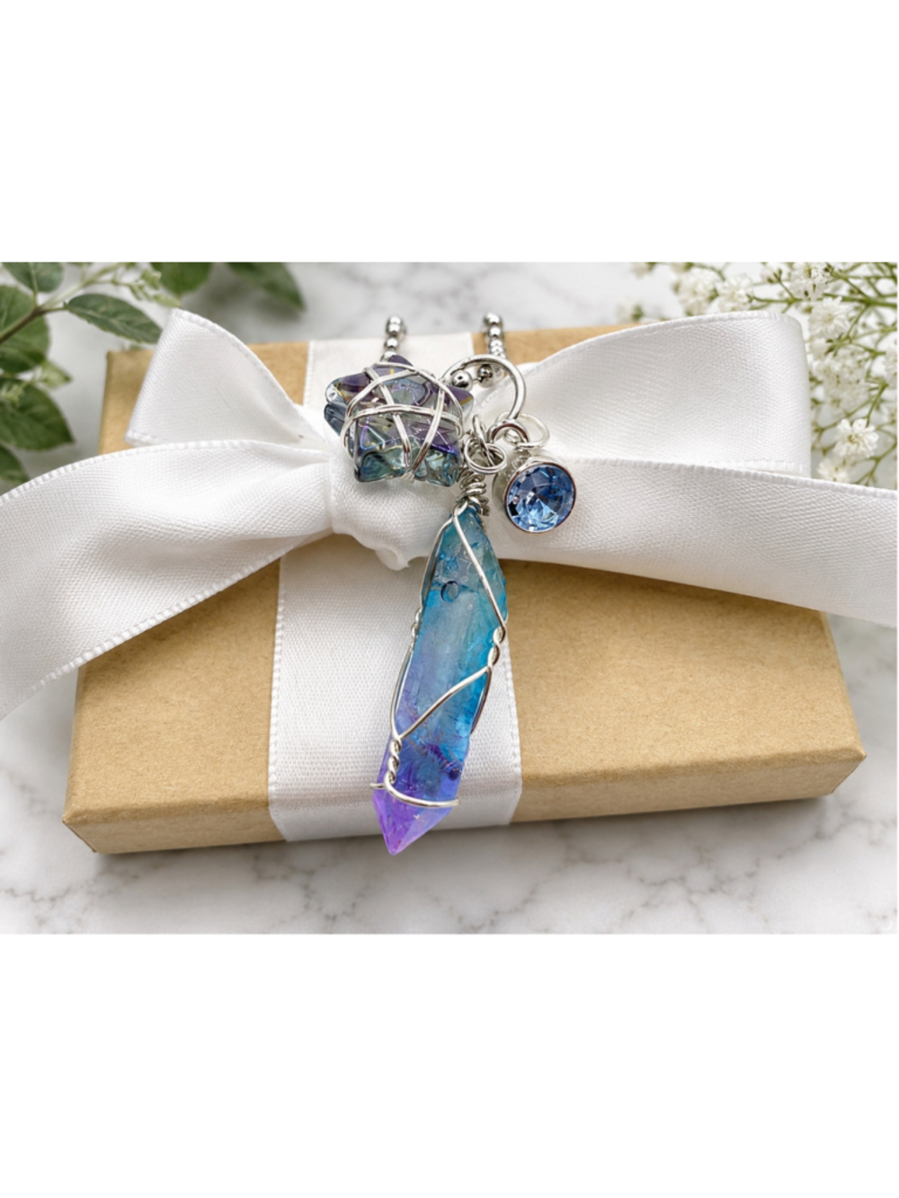 Handmade Wire Wrapped Crystal Pendant Necklace | Blue Purple Aura Quartz & Cryst